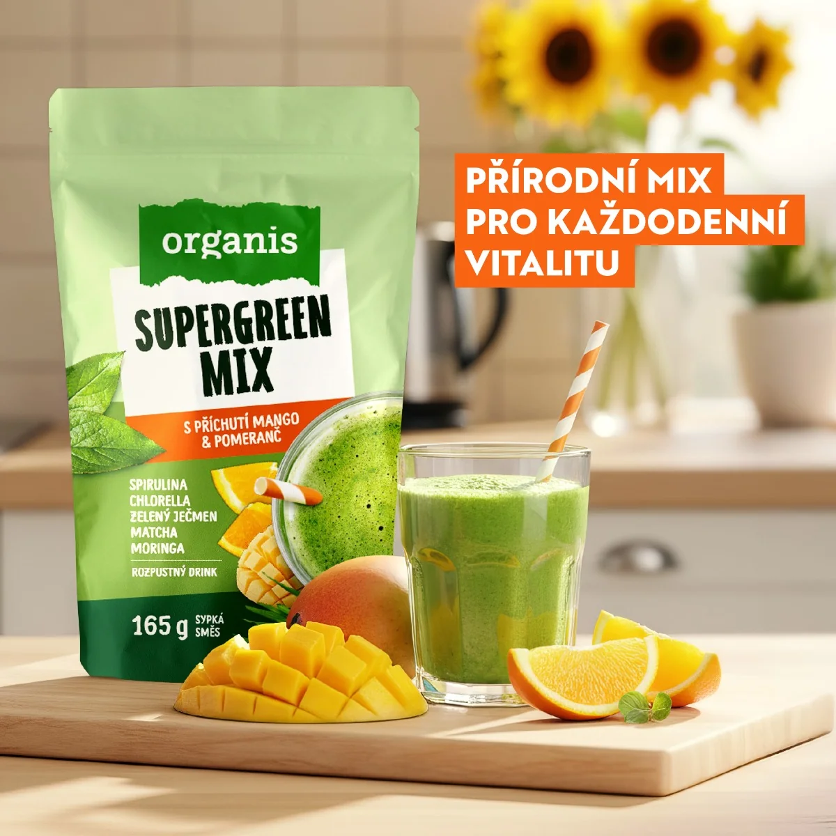 Organis Supergreen Mix mango a pomeranč 30 dávek 165 g