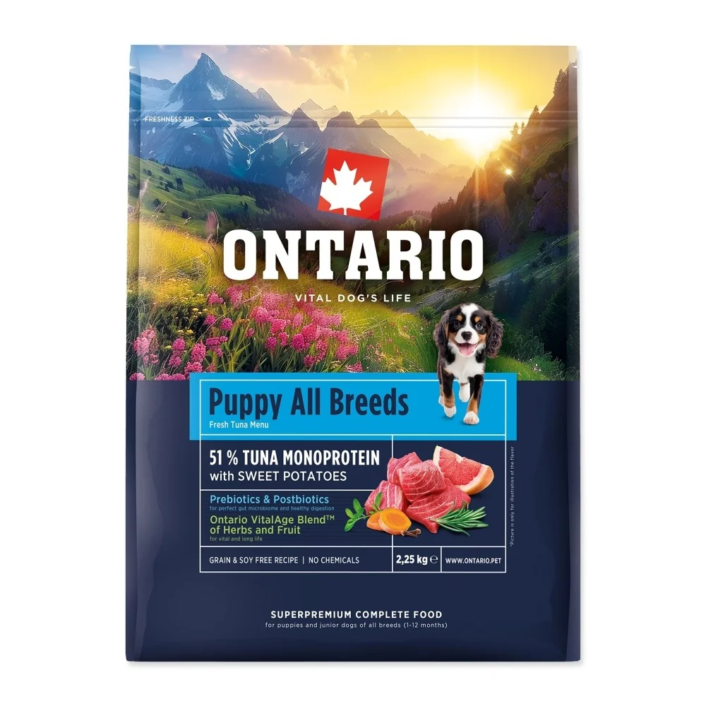 Ontario Puppy & Junior All Breeds Monoprotein Tuna & Sweet Potatoes krmivo 2,25 kg