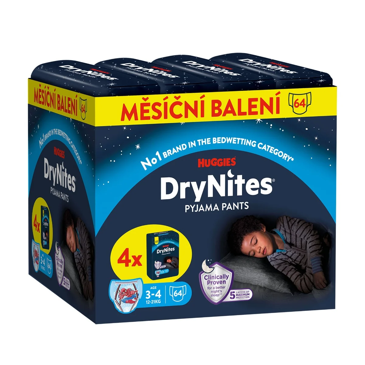 HUGGIES DryNites Natahovací kalhotky pro chlapce 3–4 roky 12–21 kg JUMBO 4x16 ks