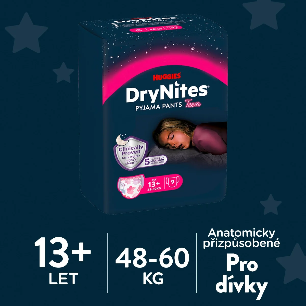 Huggies DryNites Natahovací kalhotky pro dívky 13+ let 48–⁠⁠⁠⁠⁠⁠60 kg 9 ks