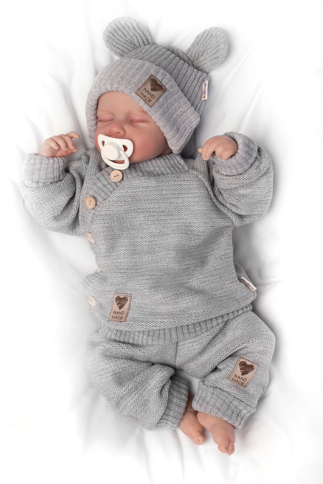 Baby Nellys Pletená bavlněná čepice s oušky, dvouvrstvá, Hand Made šedá vel. 68/74
