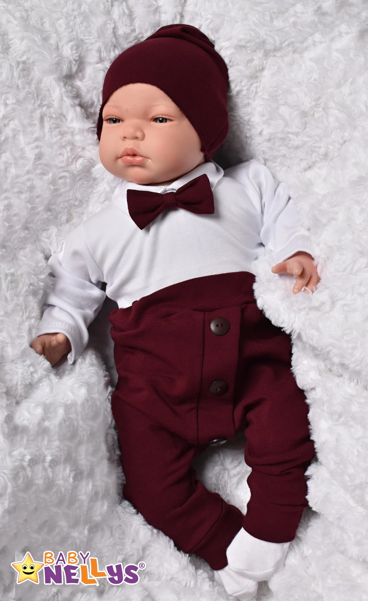 Baby Nellys 3-dílná sada Hubert, body s motýlkem, tepláčky a čepička - bordo, vel. 98 vel. 98