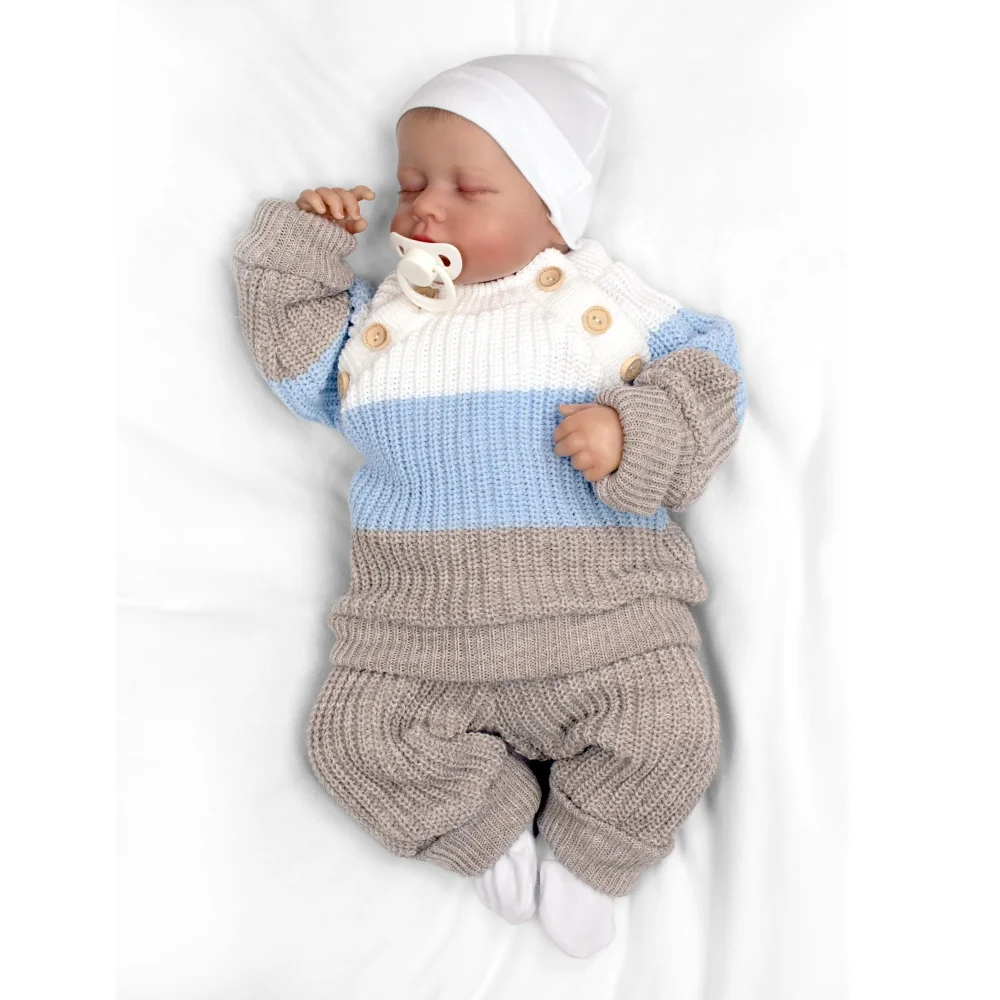 Baby Nellys Rostoucí pletený svetřík a kalhoty s knoflíčky Boy, 2D - proužky, vel. 80/86