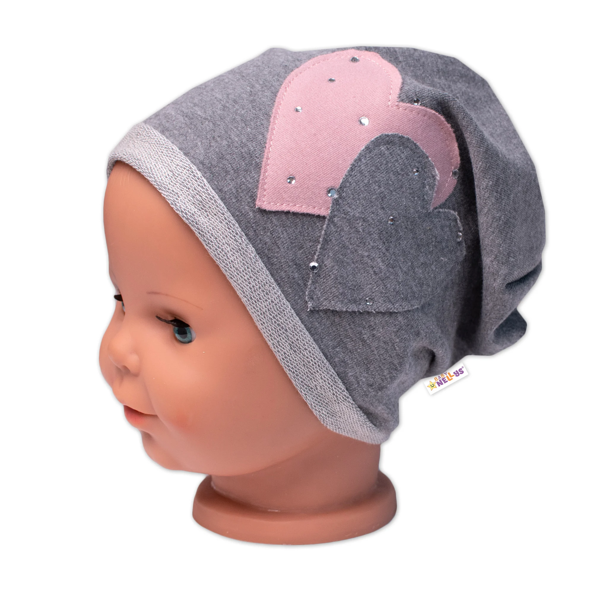 Baby Nellys Dětská čepice bavlna, Srdíčka s kamínky,  šedá vel.  92/98