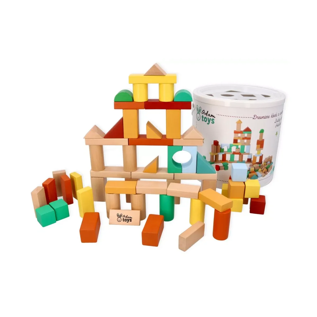 Adam Toys Dřevěné stavební kostky v kyblíku s vkládačkou, 100 ks