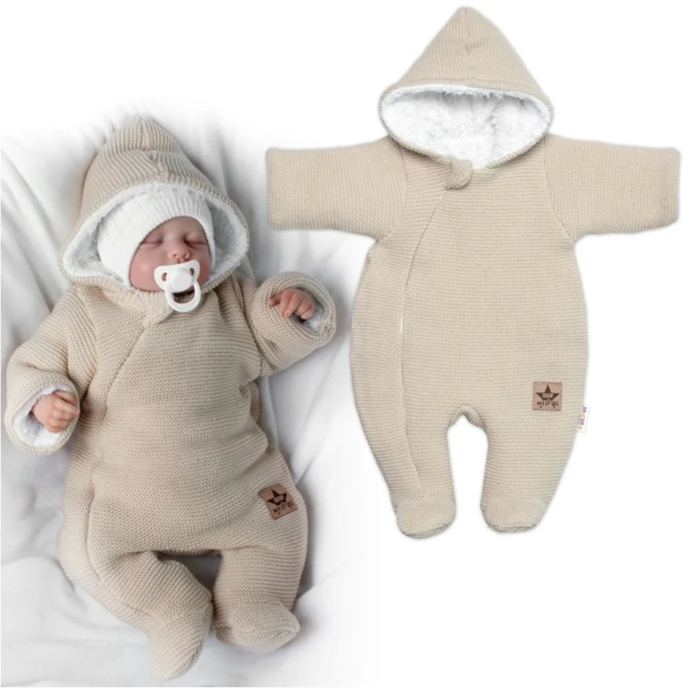 Baby Nellys Zimní pletená kombinézka/overálek s kapucí, capuccino, vel. 62