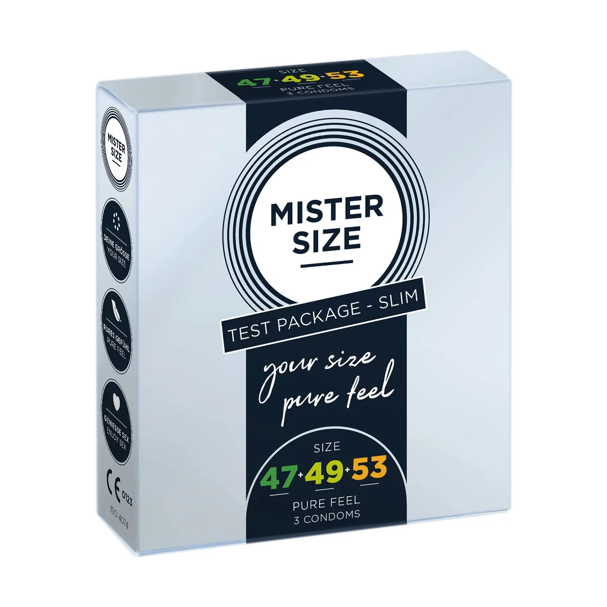 Shunga Pure Feel - Testovací balíček Slim - Kondomy 47, 49, 53 mm - 3 kusy