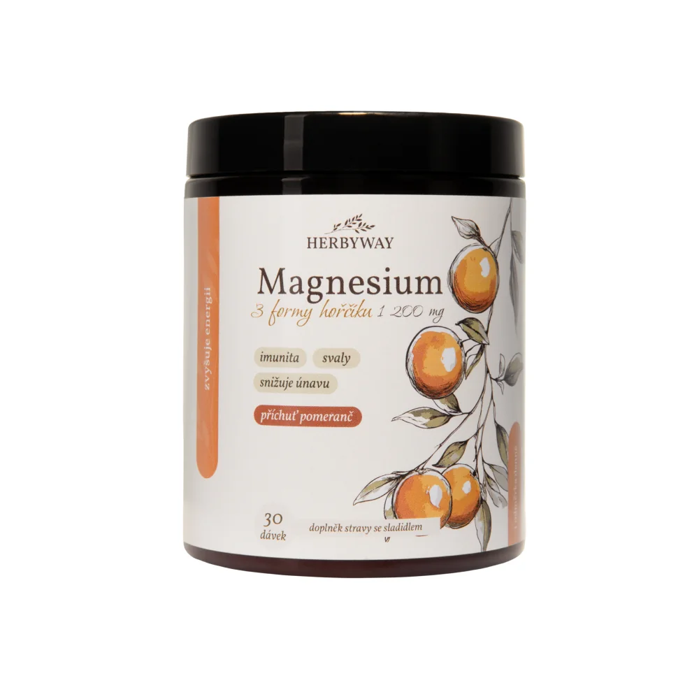 Herbyway Magnesium 3 formy hořčíku 1 200 mg 170 g pomeranč