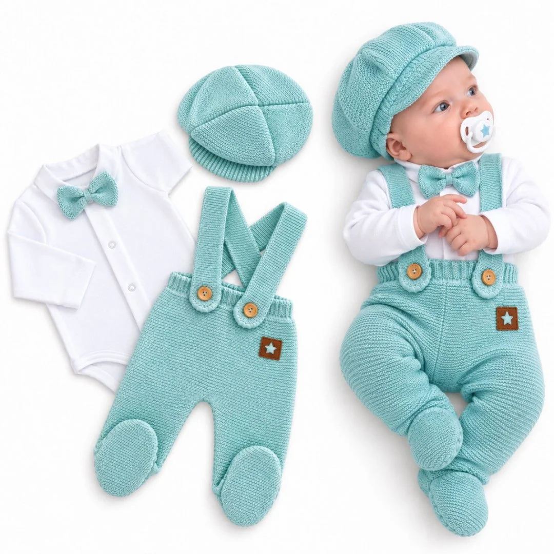 Baby Nellys Pletená souprava Gentleman 3D, body, polodupačky s láclem, čepička, mátová, 62