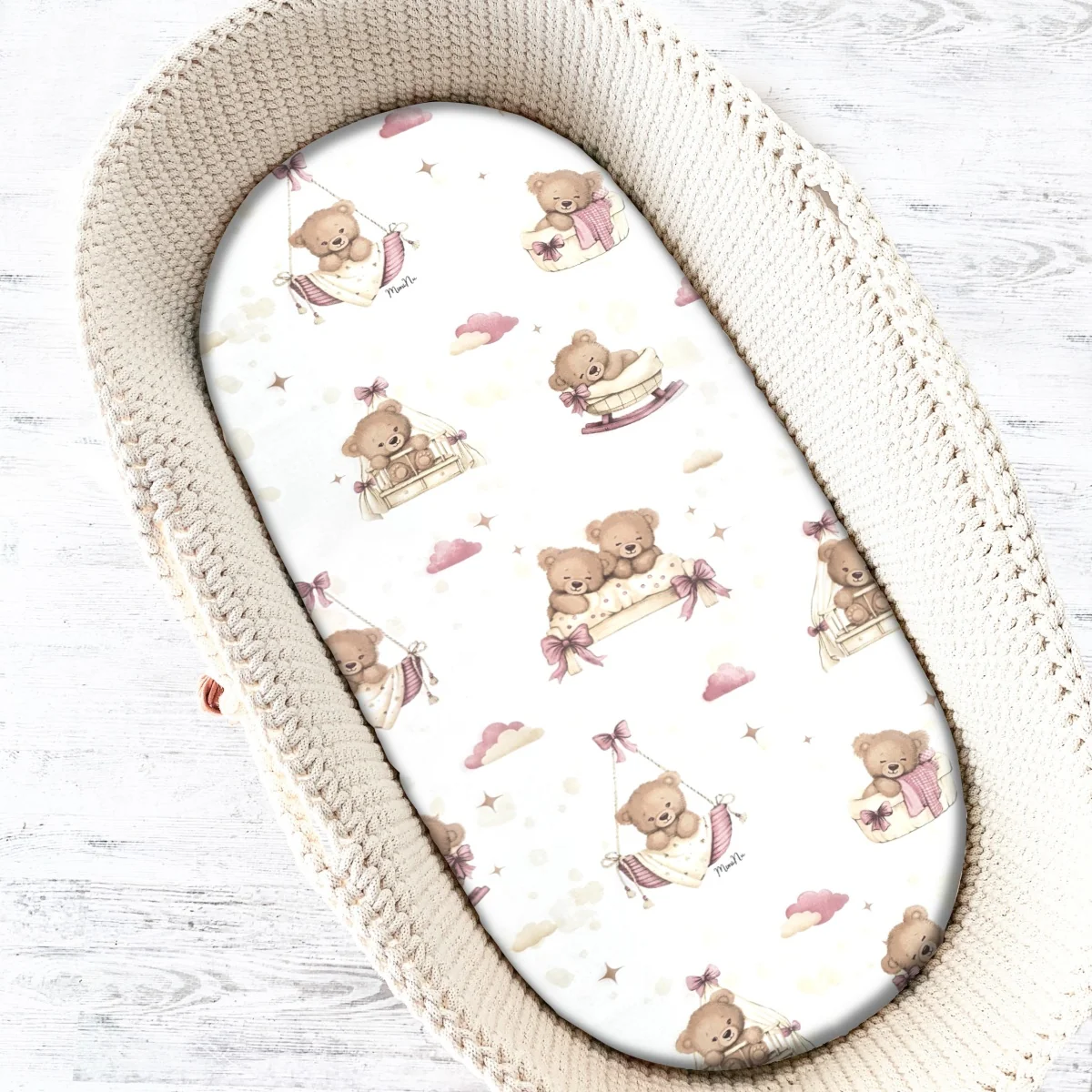 Baby Nellys Prostěradlo do kočárku, koše, bavlna, Medvídci - růžoví