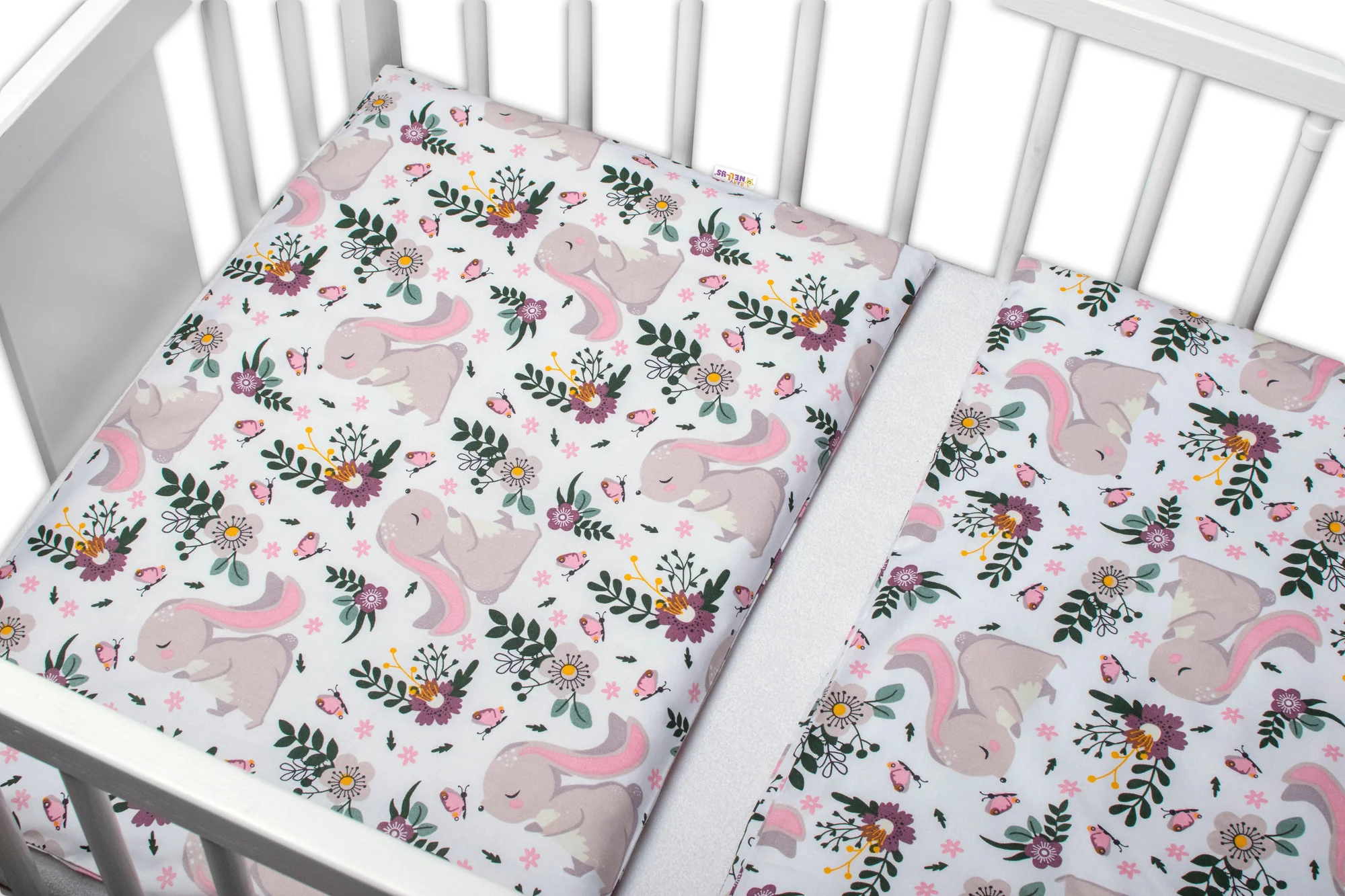 Baby Nellys 3-dílná sada, mantinel s povlečením Králíček na louce - růžová, bílá, 135x100