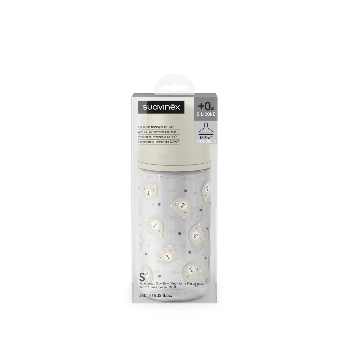 Suavinex Láhev skleněná fyziologická 240 ml 1 ks krémová