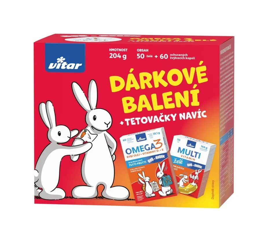 Vitar Kids Omega 60 kapslí + Multivitamin želé 50 ks dárkové balení + navíc tetovačky