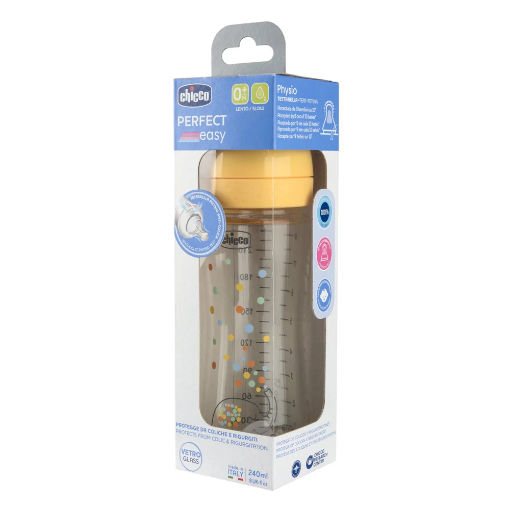 Chicco Kojenecká skleněná láhev Perfect Easy pomalý silikonový průtok 0m+ 240 ml neutrální
