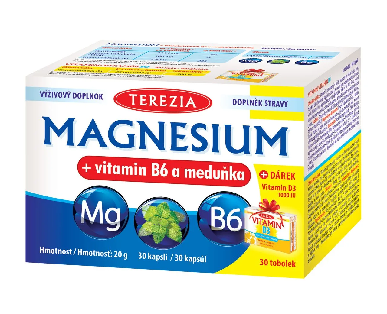 Terezia Magnesium + vitamin B6 a meduňka 30 kapslí + dárek Vitamin D3 1000 IU 30 tobolek