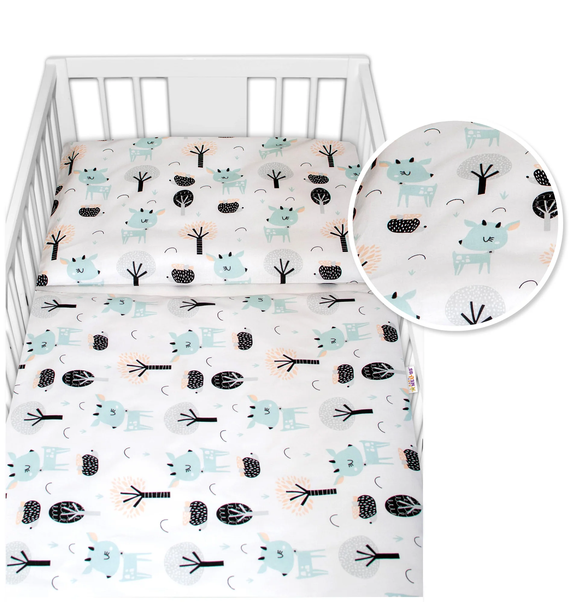 Baby Nellys 3-dílná sada Mantinel s povlečením - Srnečci, bílá, 135 x 100