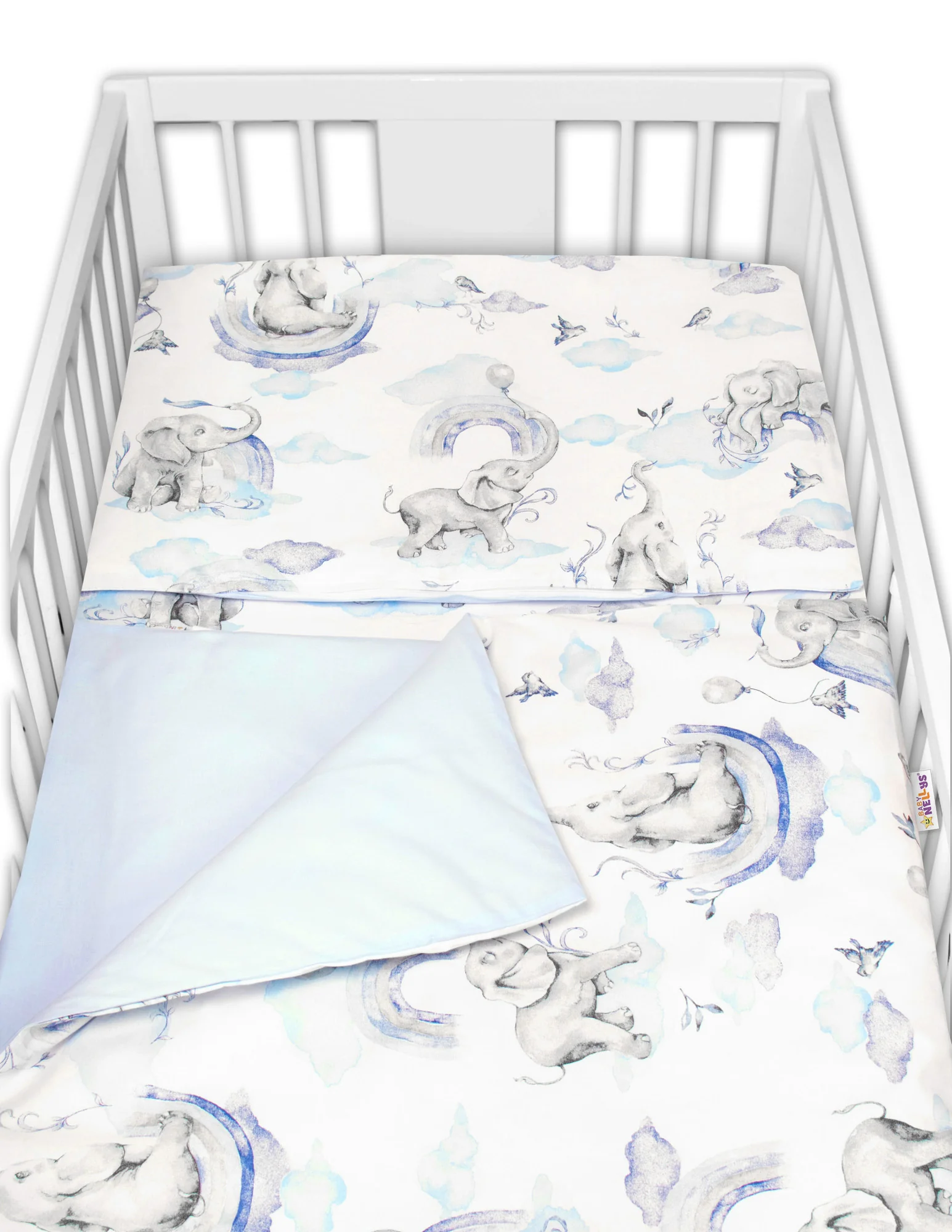 Baby Nellys 6-ti dílná výhod. sada s dárkem pro miminko , 120x90 Slon a duha, modrá/bílá