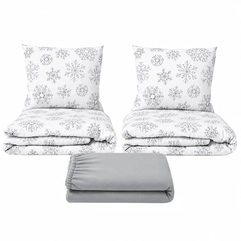 Povlečeme vše Set dvoulůžko Sněhové vločky - 2x povlečení, prostěradlo 180x200cm (041) sv.šedá