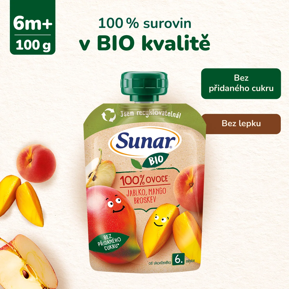 Sunar BIO Jablko, mango, broskev 6m+ kapsička 100 g