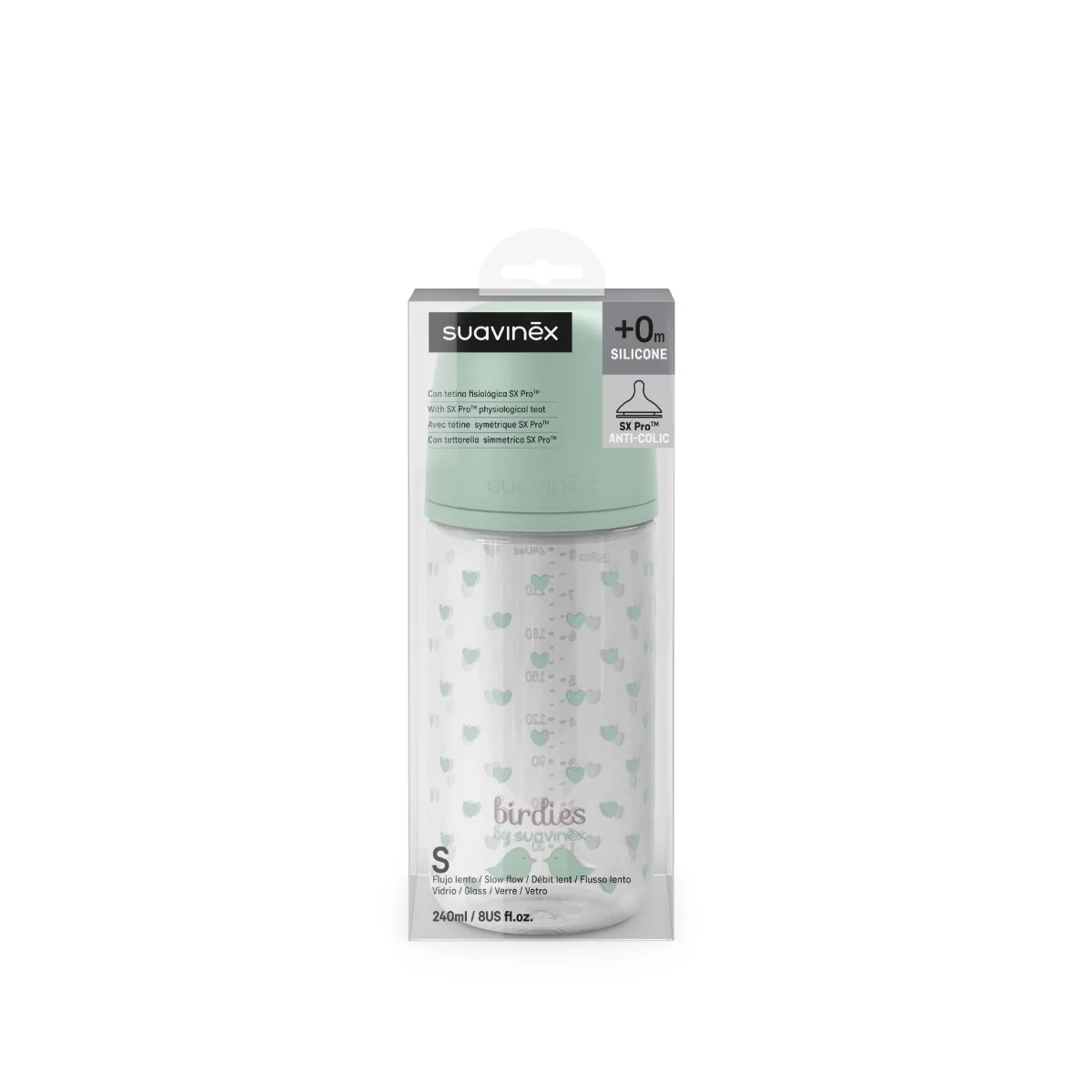 Suavinex Láhev skleněná fyziologická BIRDIES 240 ml 1 ks zelená