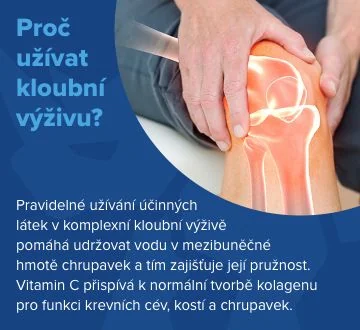 Kloubus. Proč užívat kloubní výživu. Pravidelné užívání účinných látek v komplexní kloubní výživě pomáhá udržovat vodu v mezibuněčné hmotě chrupavek a tím zajišťuje její pružnost. Vitamin C přispívá k normální tvorbě kolagenu pro funkci krevních cév, kost Kloubus. Proč užívat kloubní výživu. Pravidelné užívání účinných látek v komplexní kloubní výživě pomáhá udržovat vodu v mezibuněčné hmotě chrupavek a tím zajišťuje její pružnost. Vitamin C přispívá k normální tvorbě kolagenu pro funkci krevních cév, kost