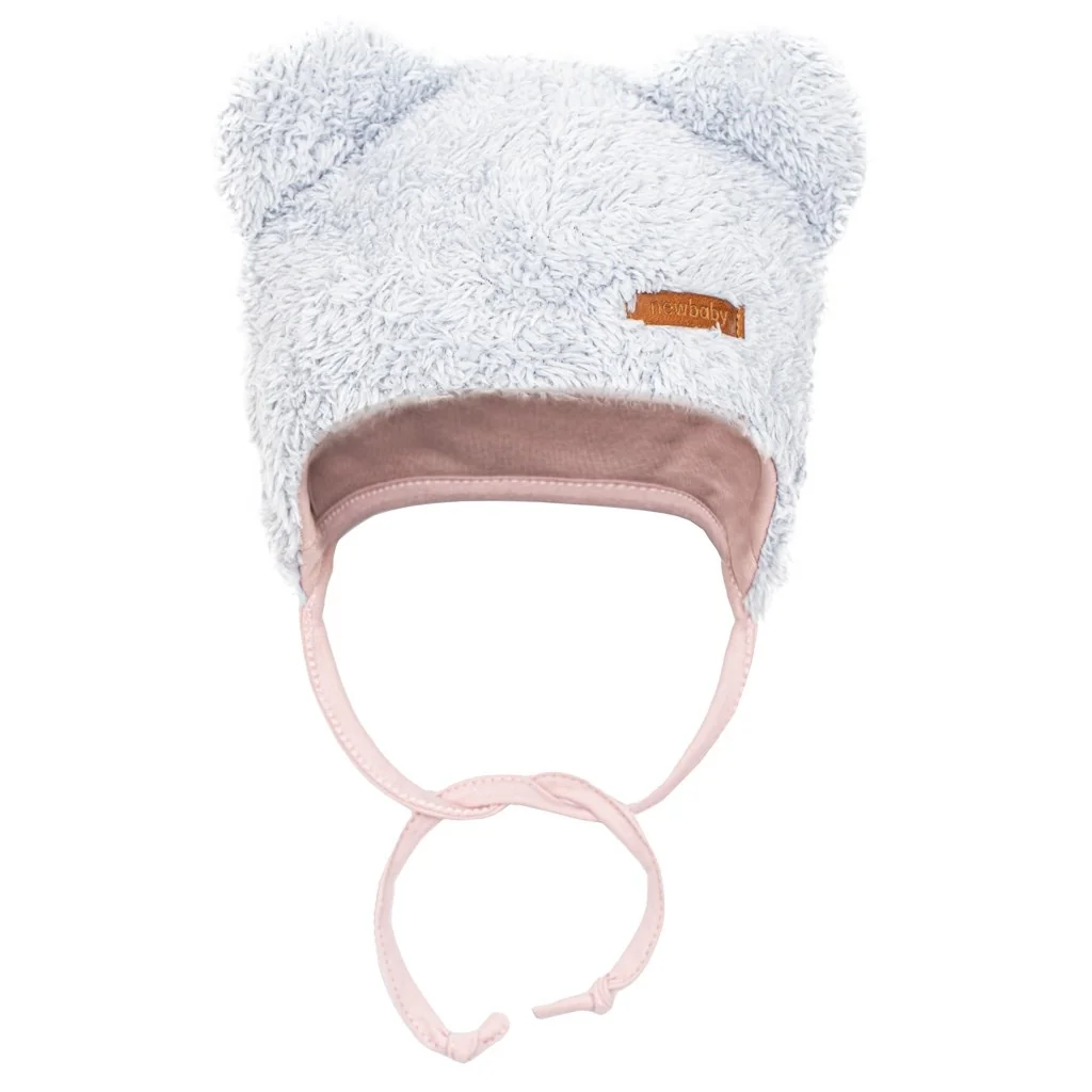 New Baby Zimní kojenecká čepička s šátkem na krk Teddy bear šedo růžová
