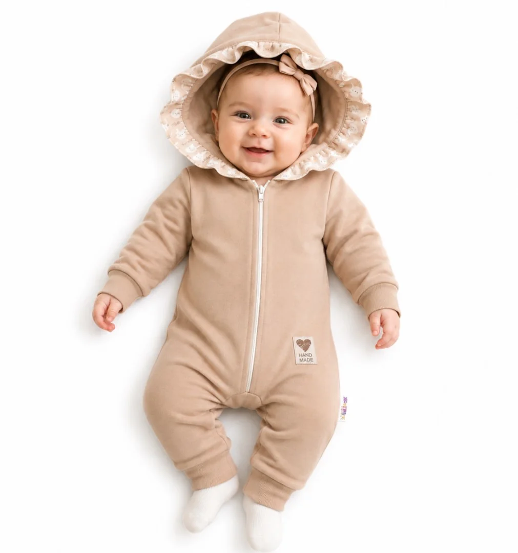 Baby Nellys Teplákový overal s kapucí a volánkem, Bunny - cappuccino, v 80