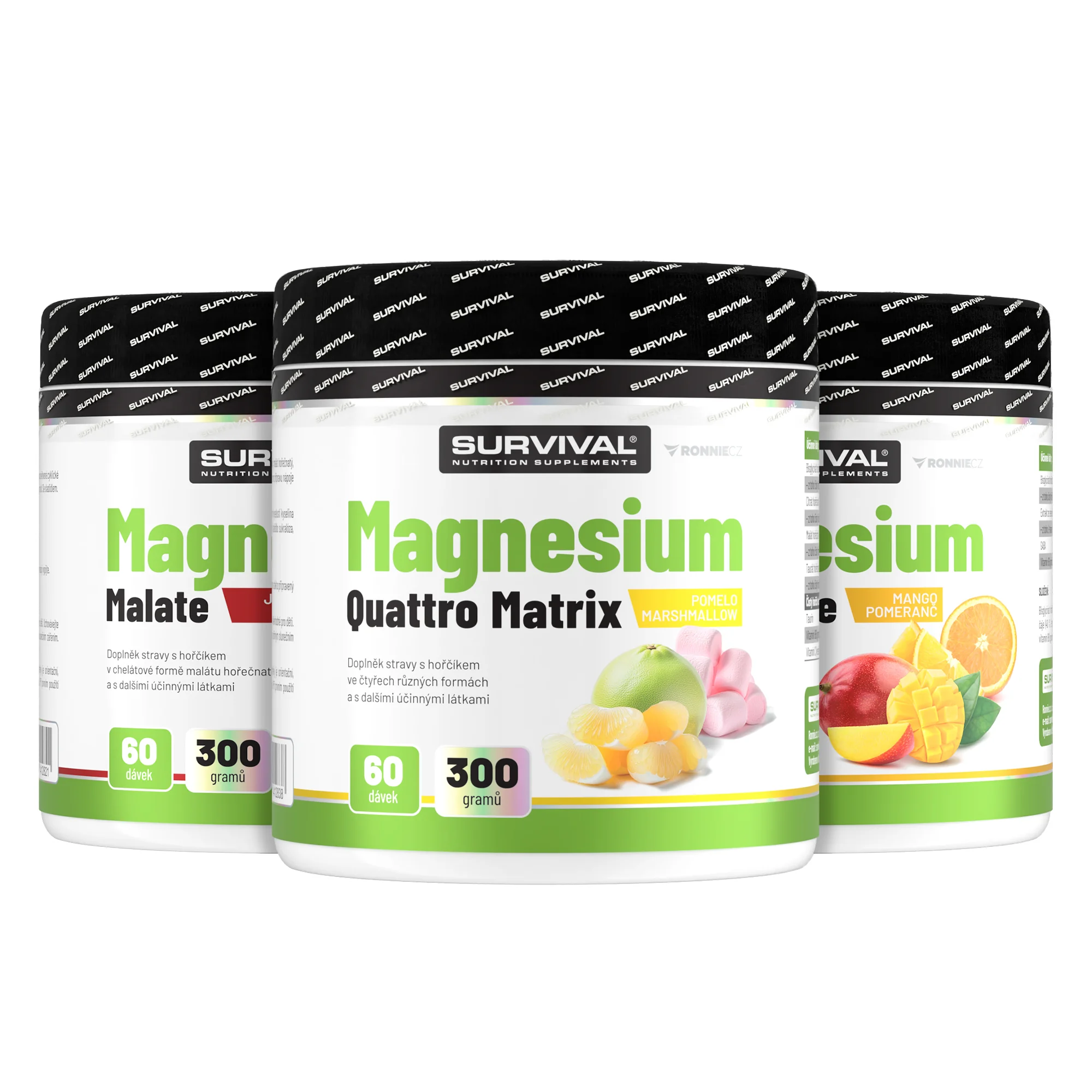 Survival Magnesium Triple Pack 1+1+1 (Bisglycinat + Malát + Quattro) mango + marakuja + pomelo