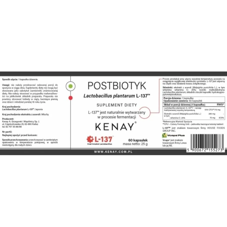 Kenay Postbiotikum lactobacillus plantarum L-137 60 kapslí