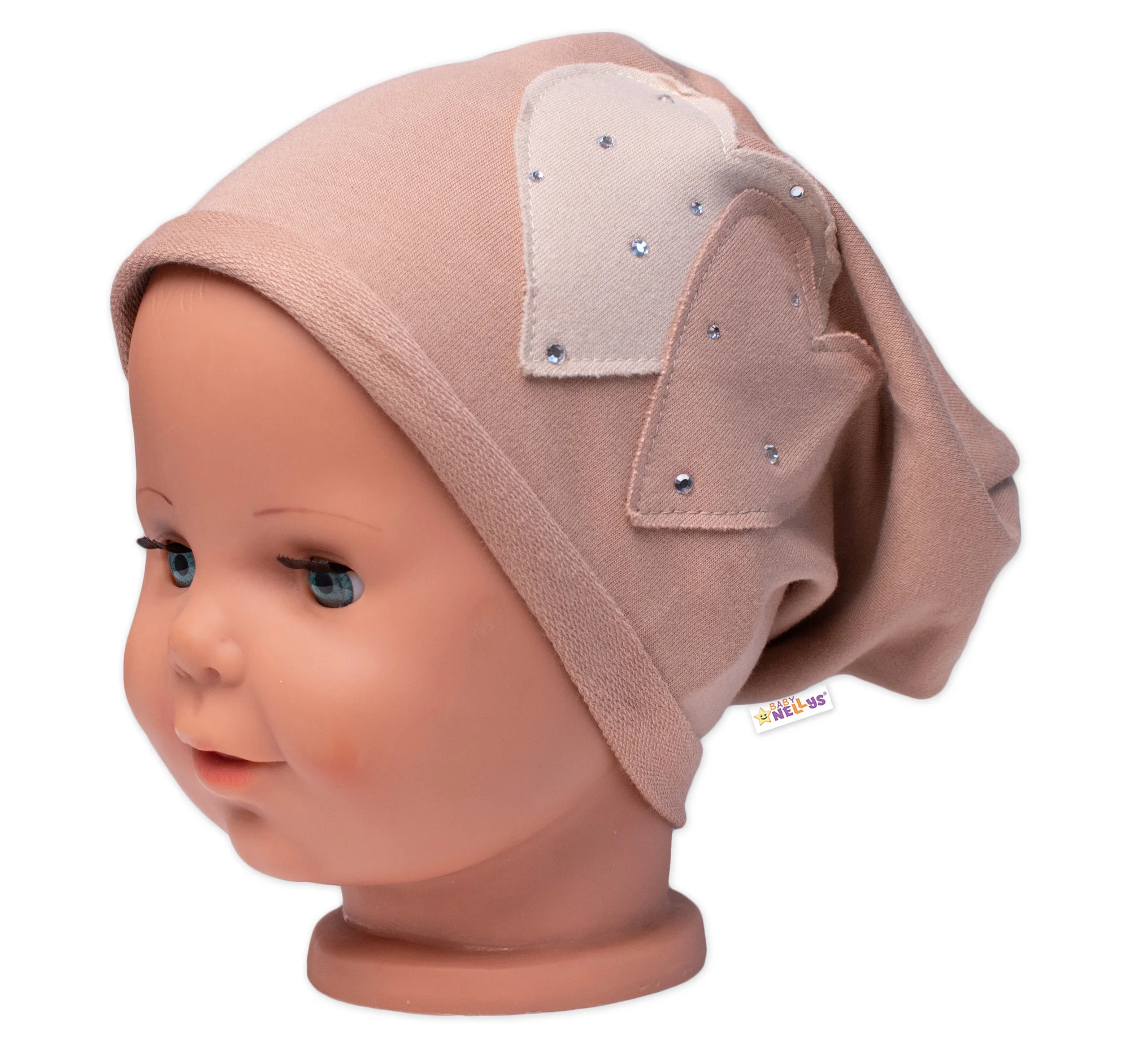 Baby Nellys Dětská čepice bavlna, Srdíčka s kamínky, cappuccino vel. 92/98