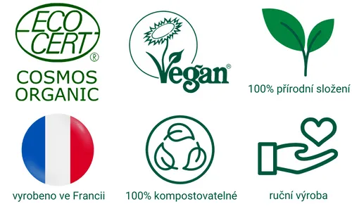 Cosmos Organic. 100% kompostovatelné. Ruční výroba. Vyrobeno ve Francii. Vegan. 100% přírodní složení.