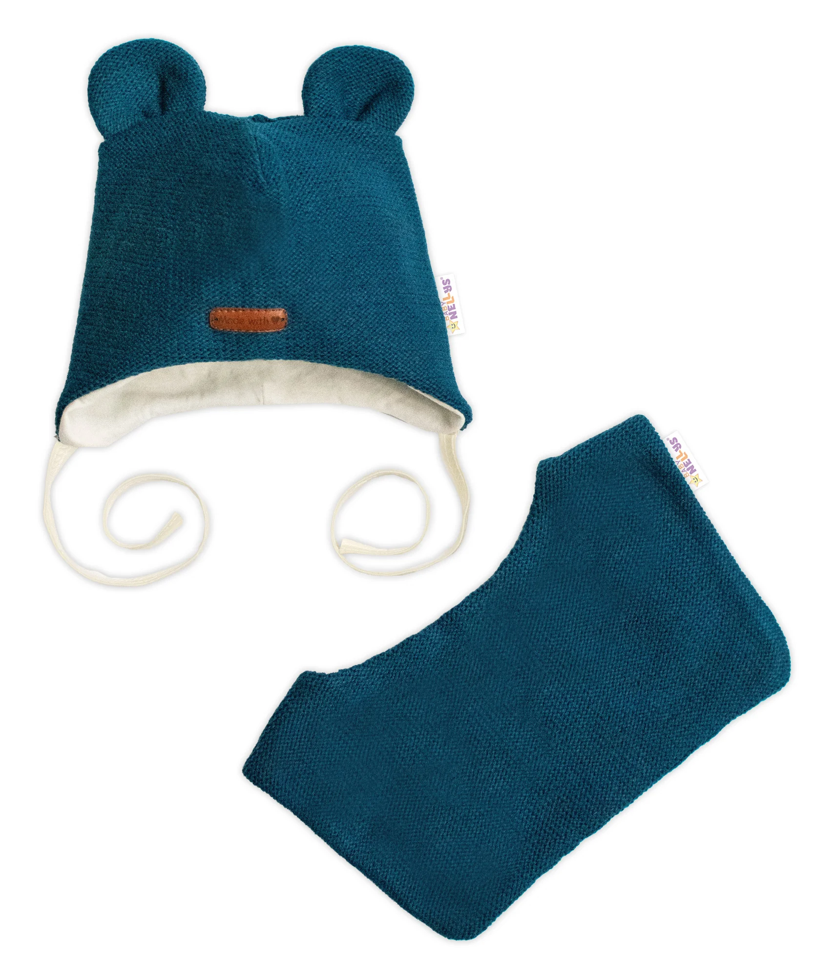 Baby Nellys Pletená čepice s bavlněnou podšívkou a šátkem 2v1, Teddy Hand made - petrolejová