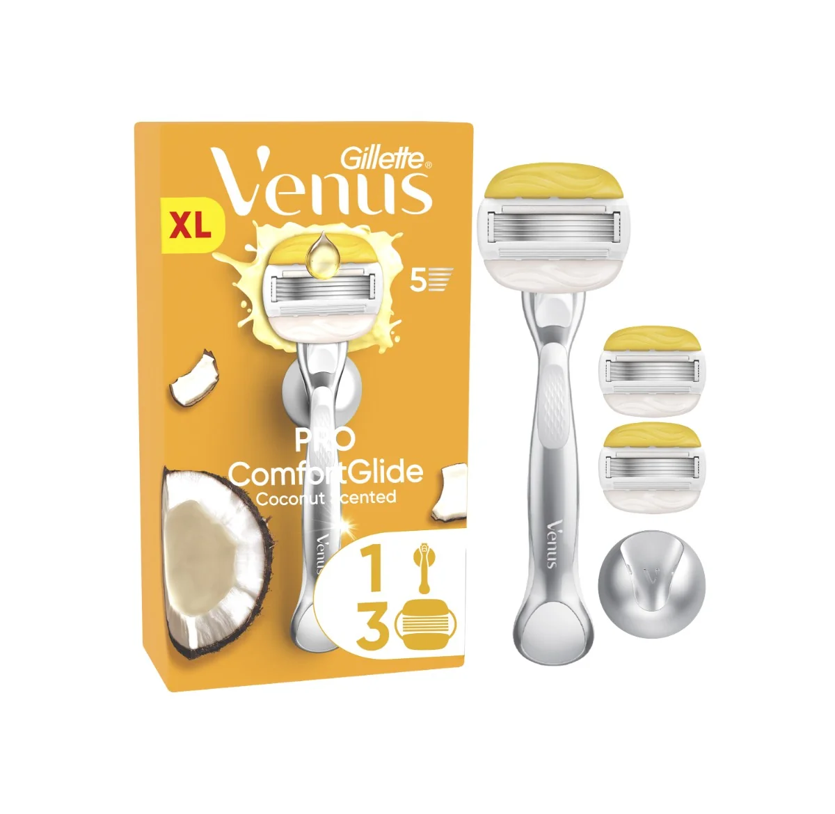 Gillette Venus Pro ComfortGlide Coconut holicí strojek, holicí hlavice + nástěnný držáček 3 ks