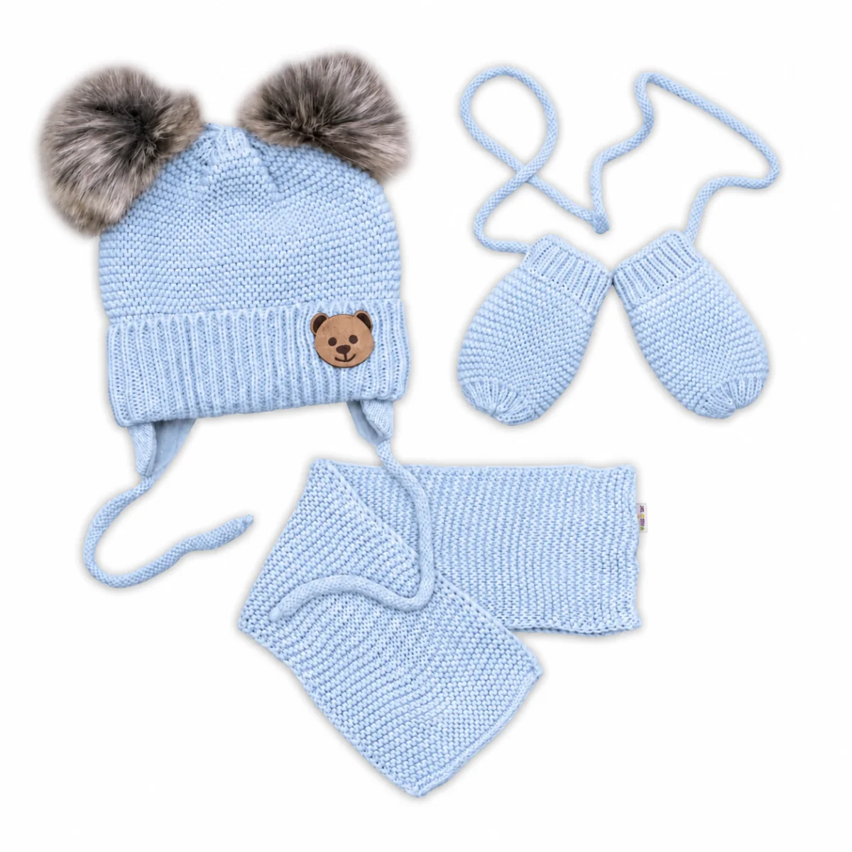 Baby Nellys Dětská sada, zimní čepice s šálou + rukavičky 3D, Teddy Bear - sv. modrá