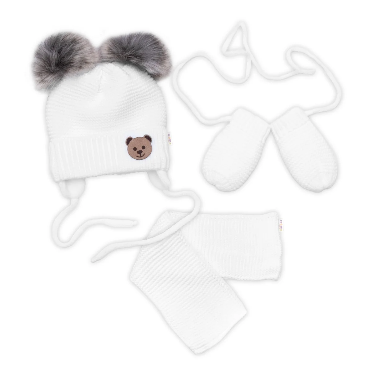 Baby Nellys Dětská sada, zimní čepice s šálou + rukavičky 3D, Teddy Bear - bílá