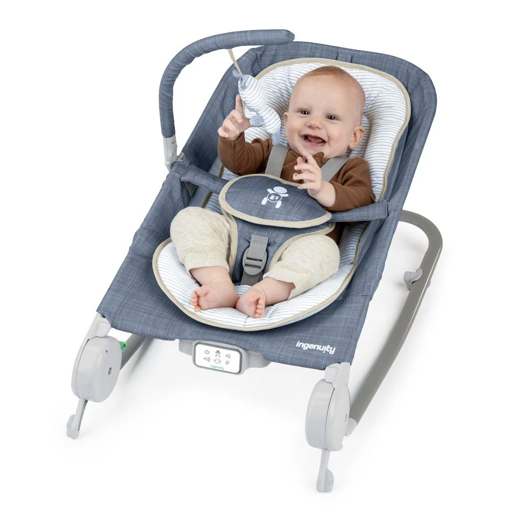 Ingenuity Lehátko masážní vibrující s melodií Happy Belly™ Rock-to-Bounce - Chambray 0m+