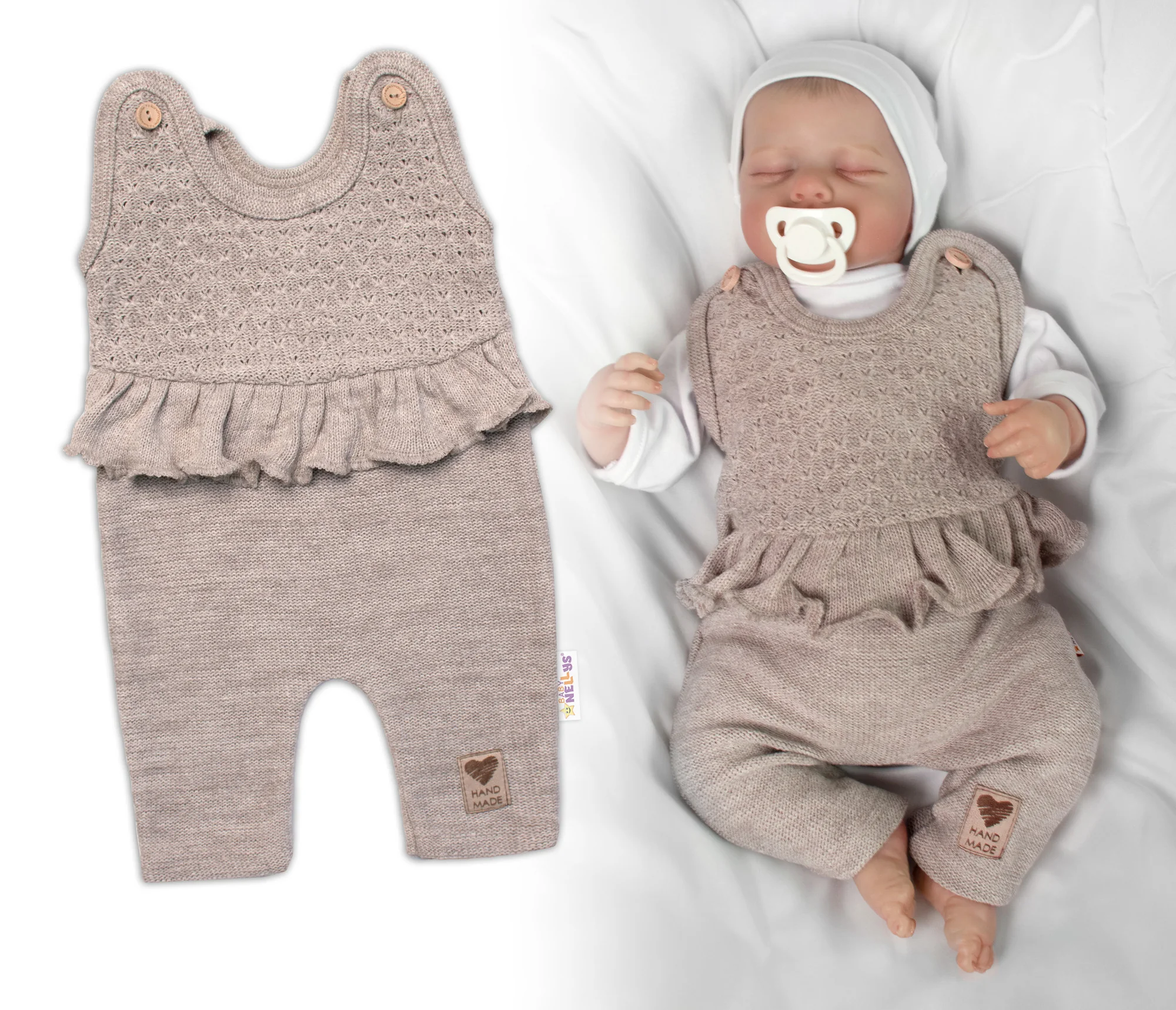 Baby Nellys Pletené láclové kalhoty Girl s volánkem, béžové, vel.68