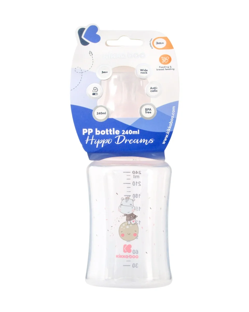 KikkaBoo Kojenecká láhev 3m+ Hippo Pink 240 ml