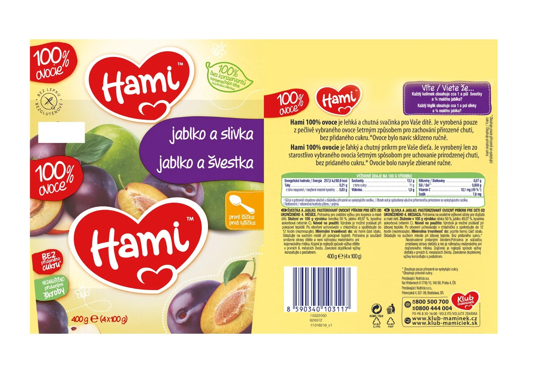 Hami 100% ovoce Jablko a švestka 4m+ 4x100 g