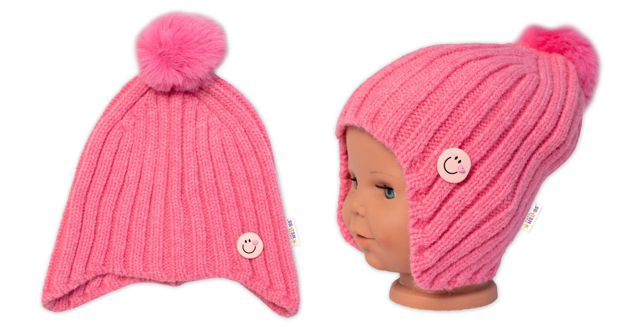 Baby Nellys Dětská zimní čepice s bambulí Smile, růžová vel. 48-54 cm