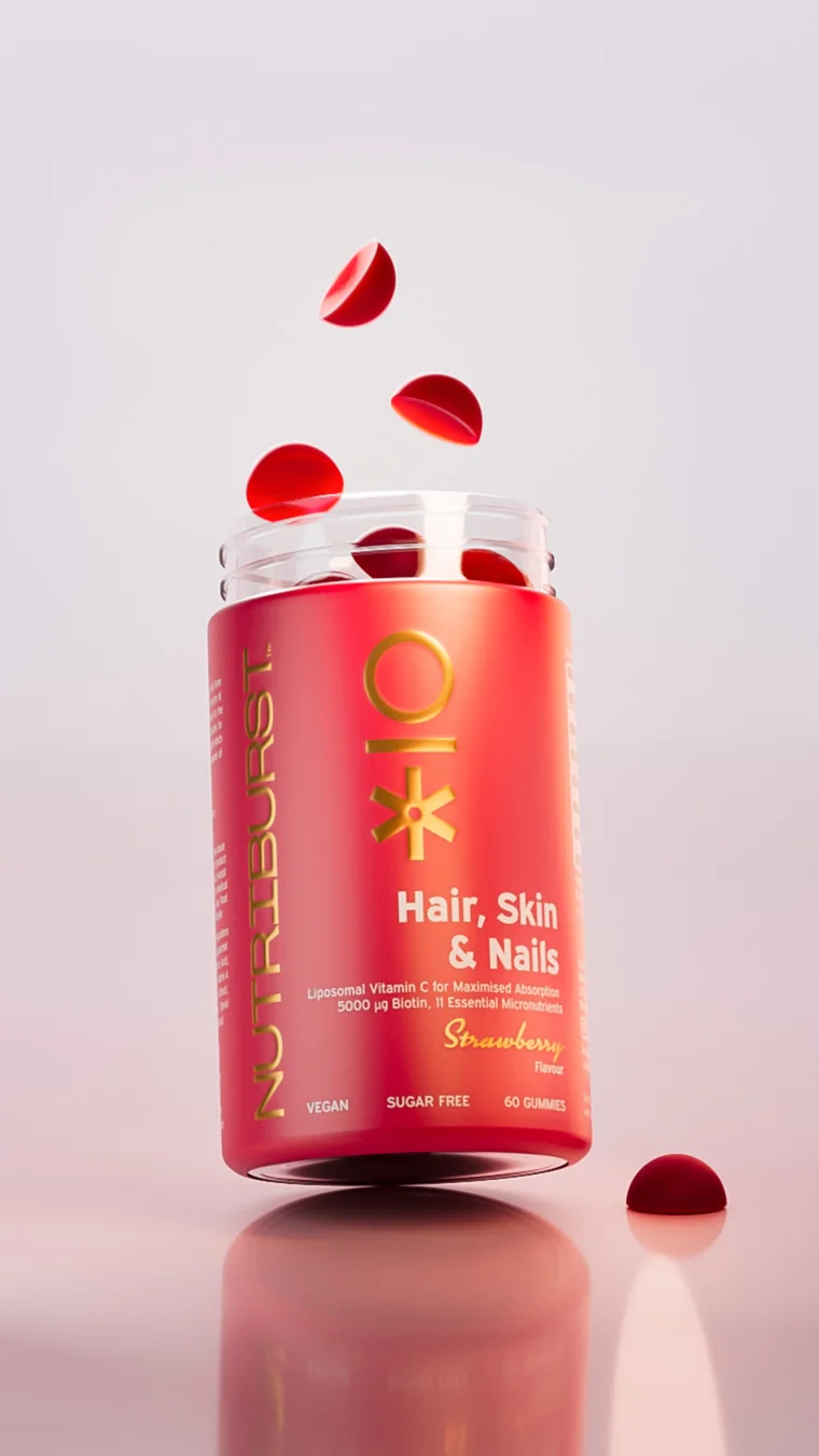 Nutriburst Premium Hair, Skin, Nails gummies s biotinem, vitamíny, zinkem 60 ks jahoda