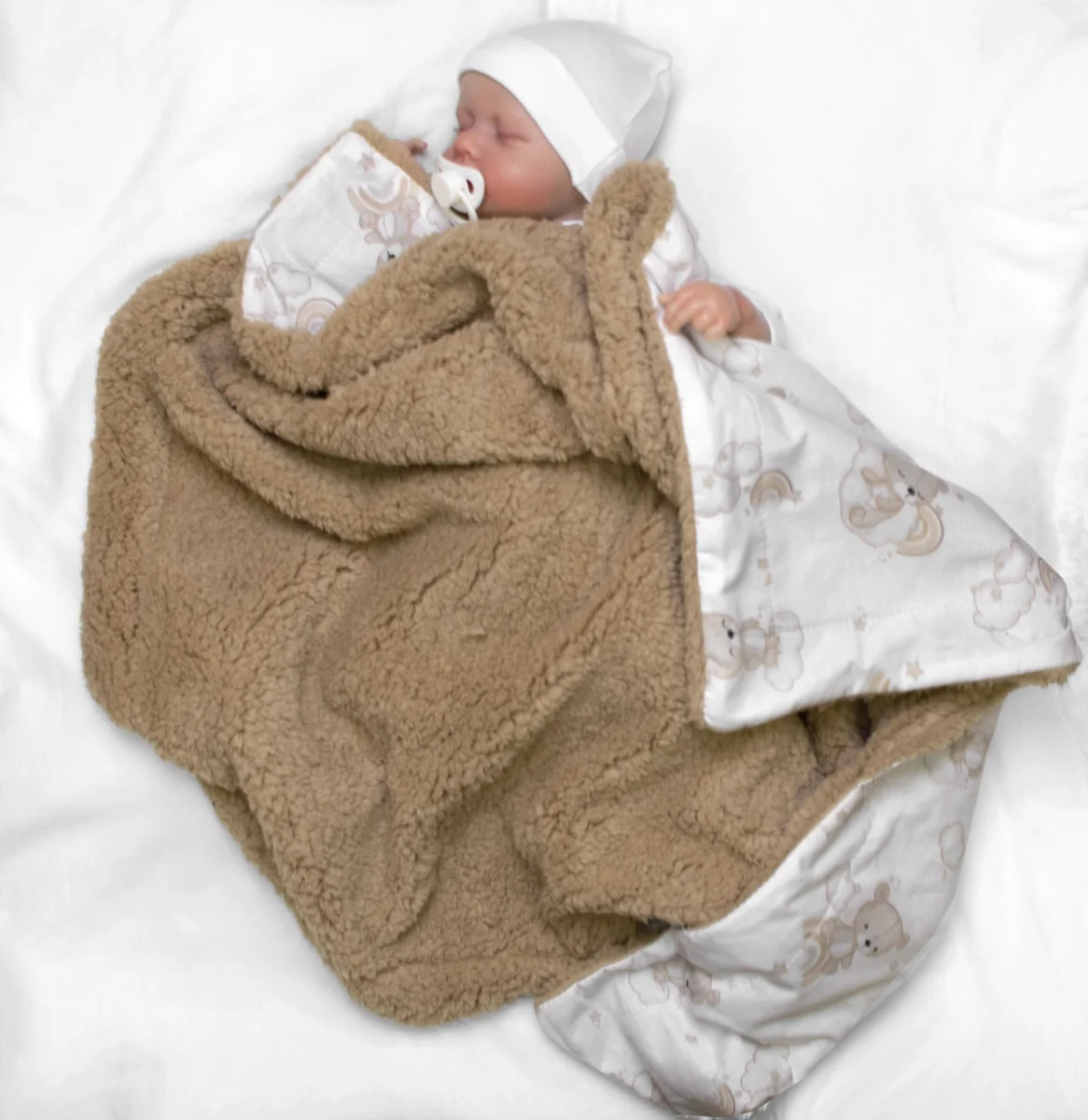 Baby Nellys Dětská luxusní oboustranná deka beránek 90x75 cm, Malý medvídek, bílá/hnědá