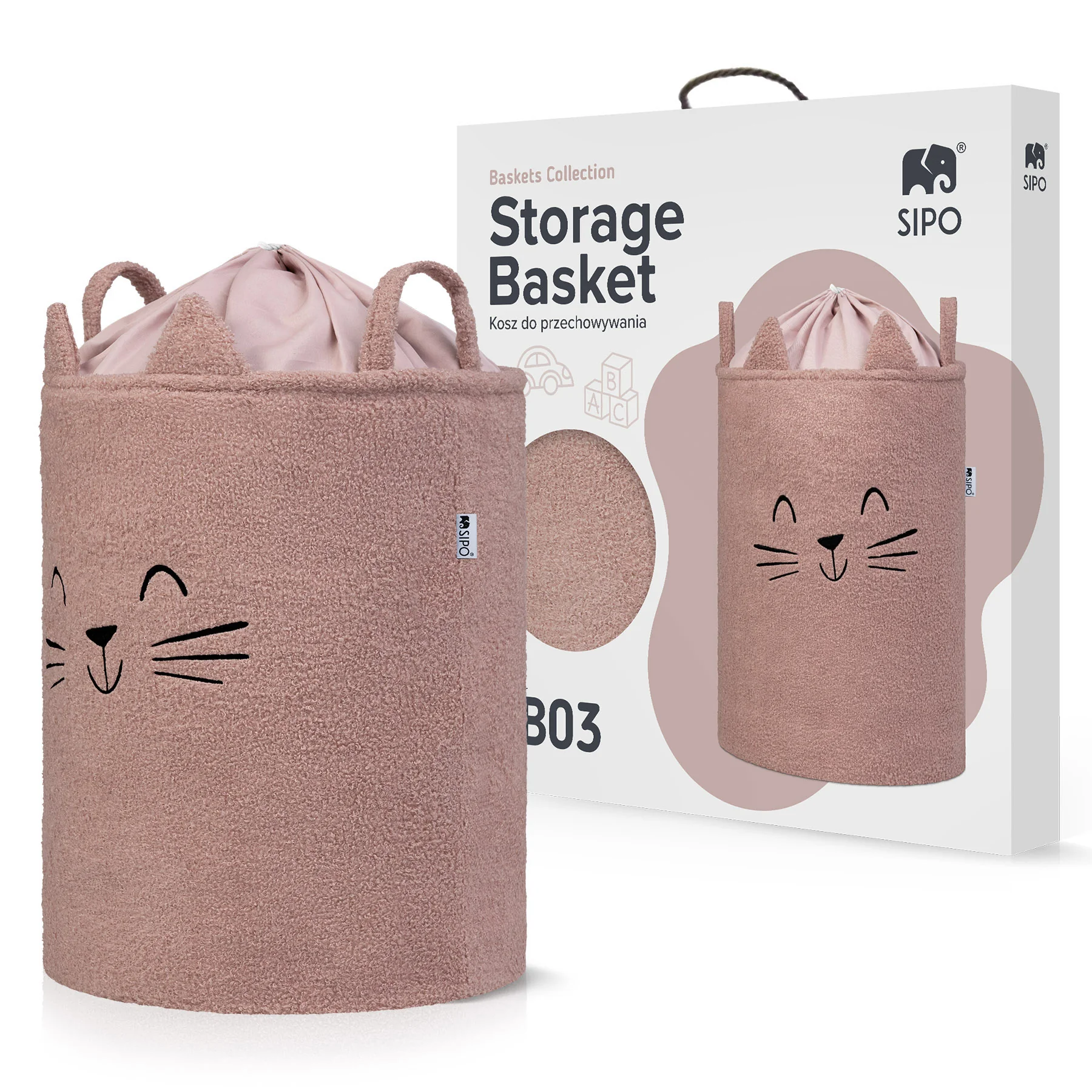 SIPO Koš na hračky Premium Bouclé se šňůrkou / 43 l, Cat (Pink)