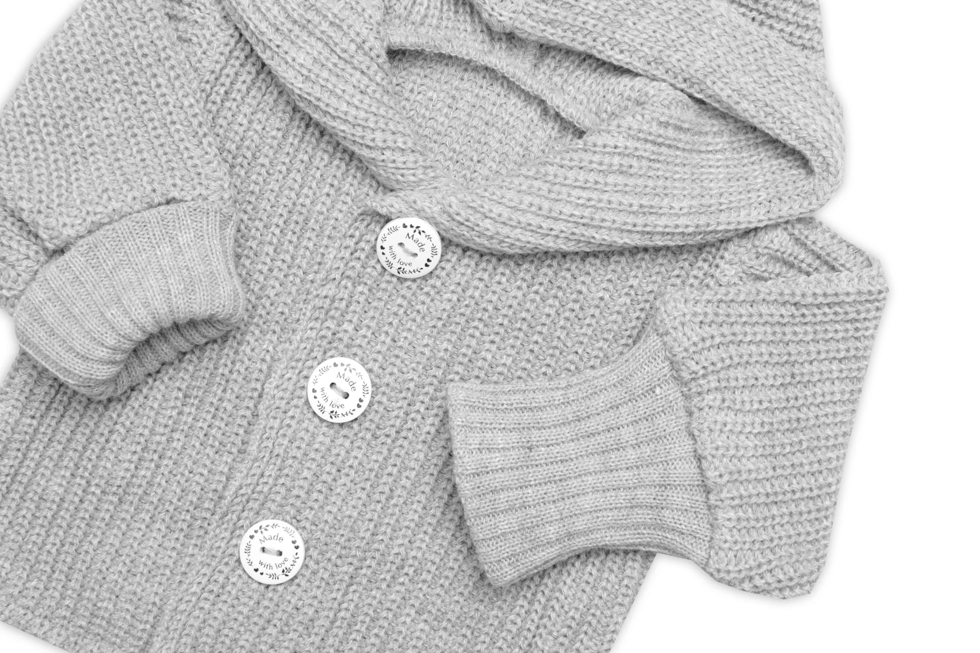 Baby Nellys Pletený svetřík s kapucí a knoflíčky Made with Love, šedý