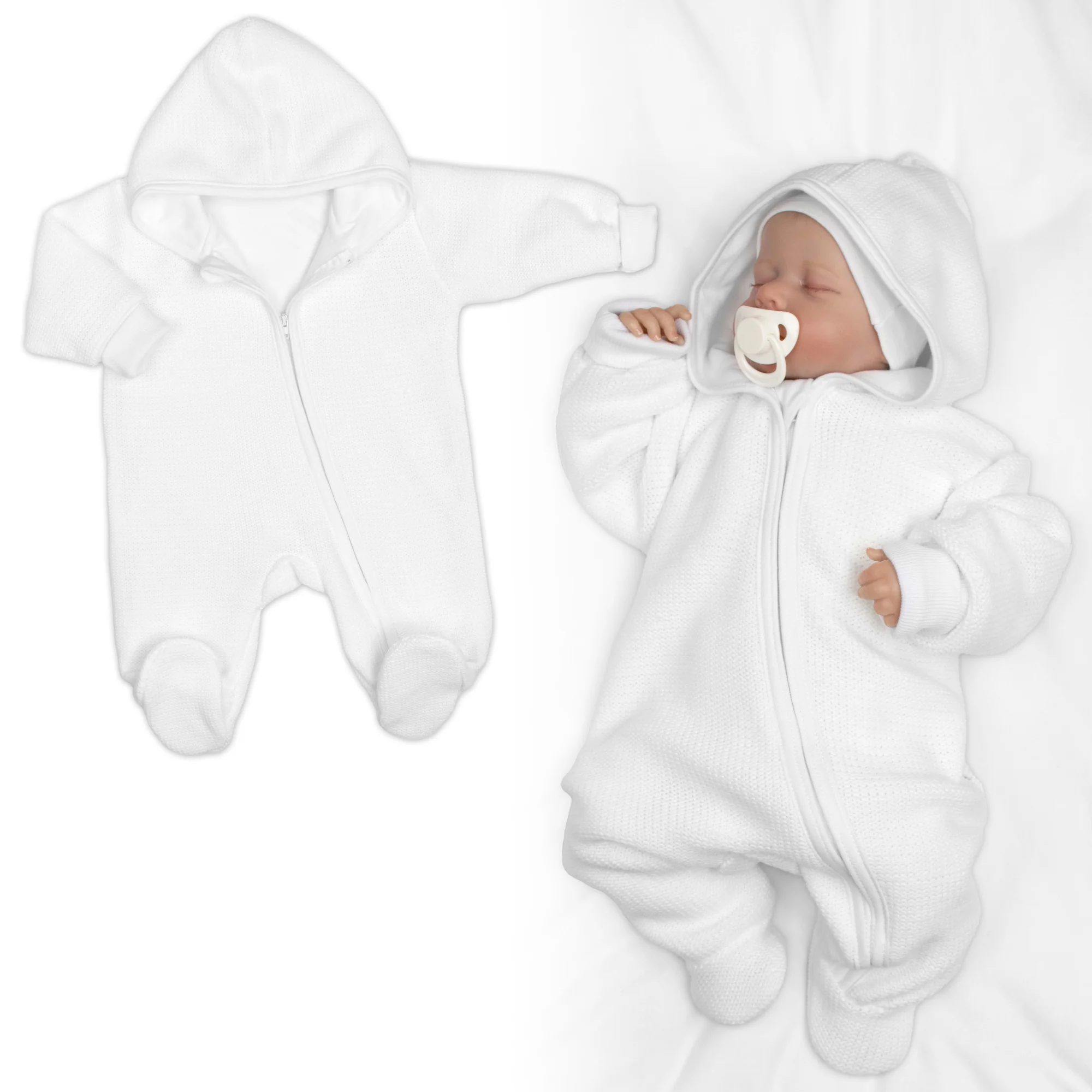 Baby Nellys Pletený overal s kapucí, CUTE - bílý, vel. 62