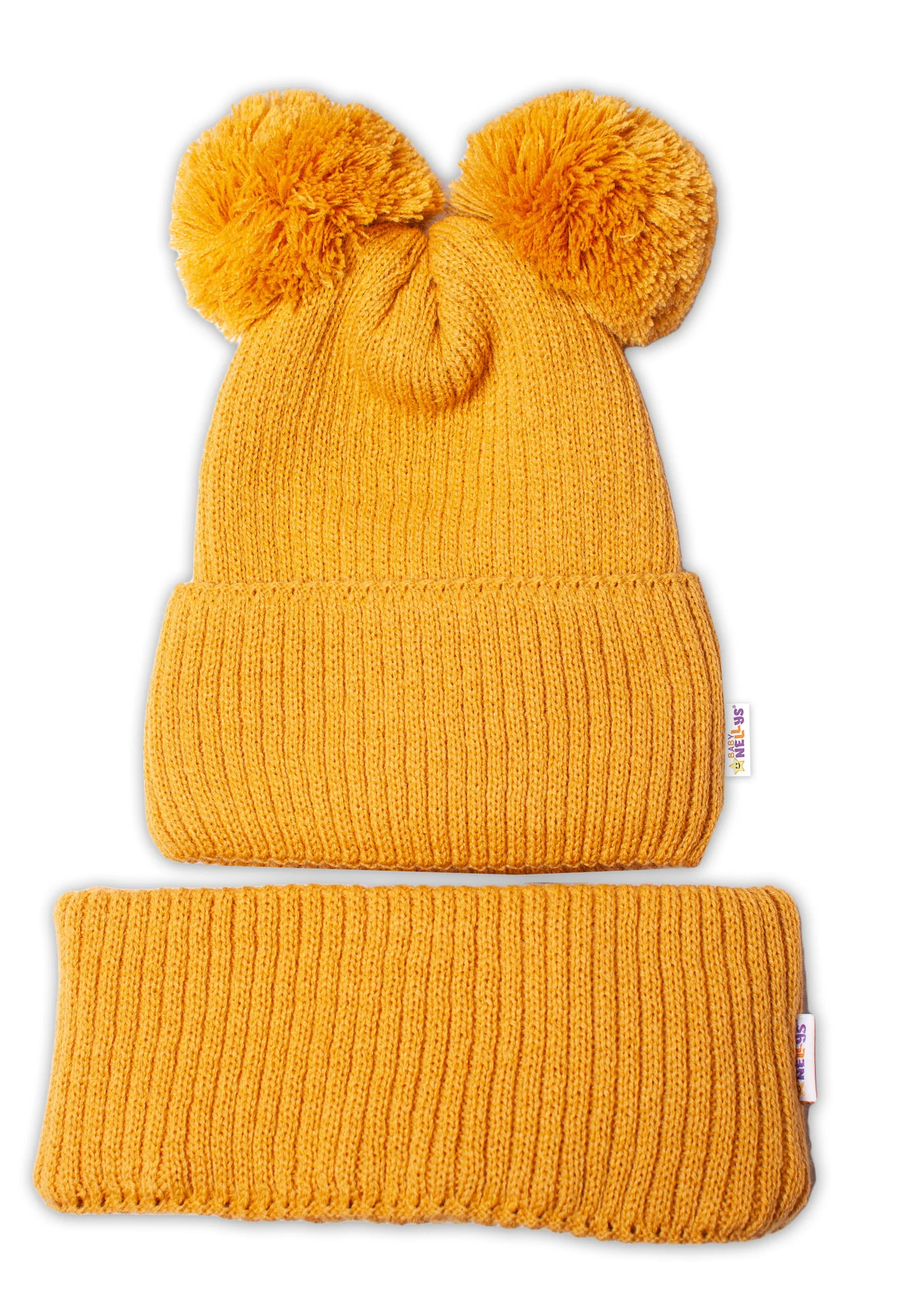 Baby Nellys Zimní pletená čepice + nákrčník, hořčicová