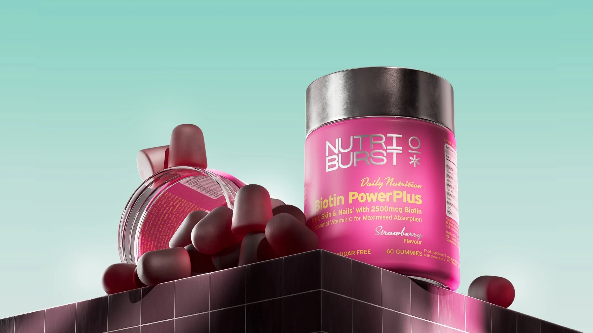 Nutriburst Biotin PowerPlus gummies pro vlasy, pleť a nehty 60 ks jahoda