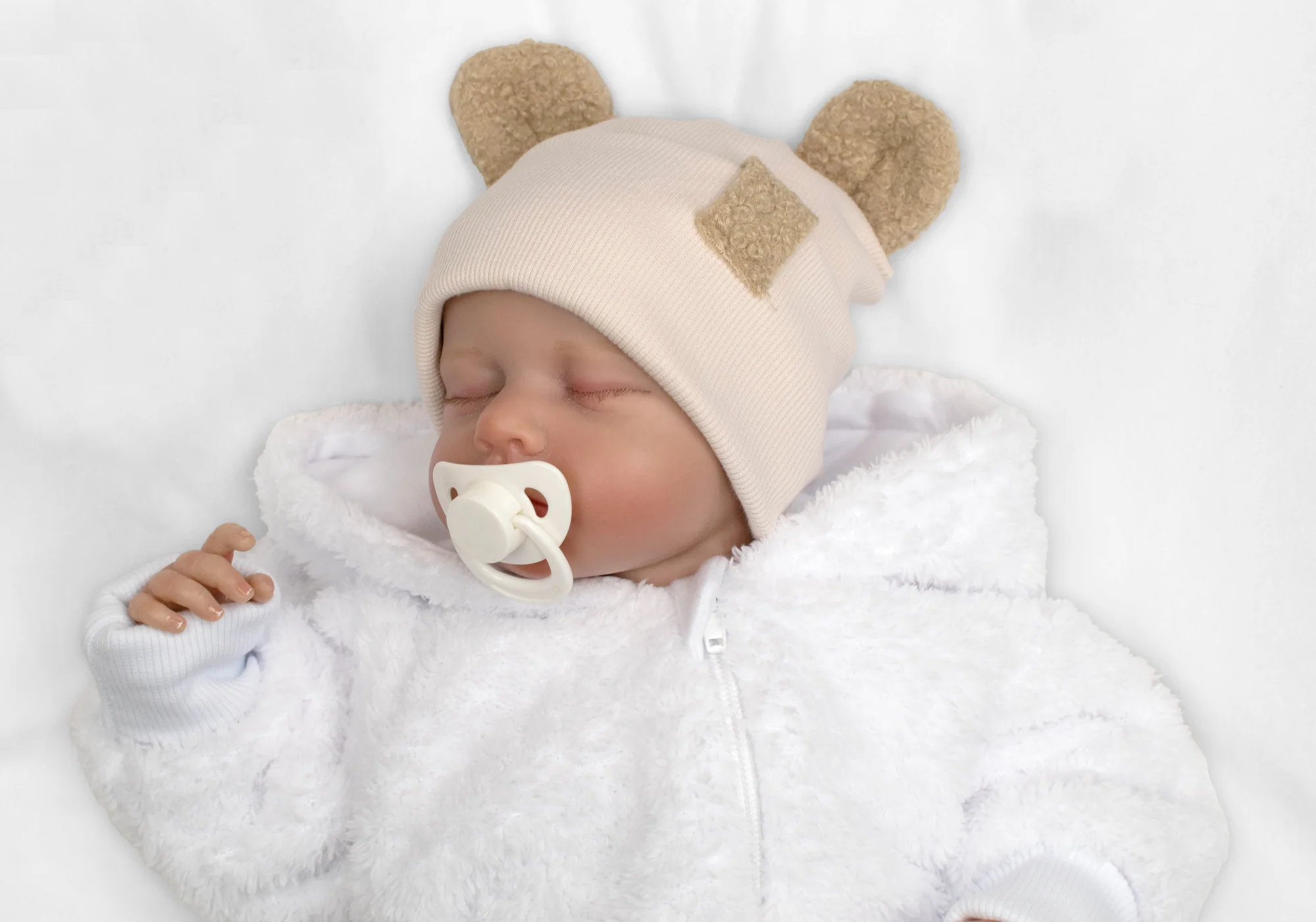 Baby Nellys Dvouvrstvá žebrovaná čepička s oušky boucle medvídek - béžová, 68/74