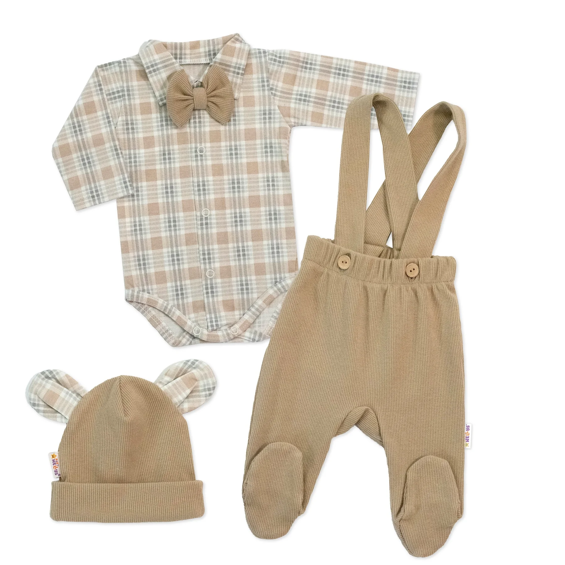 Baby Nellys Bavlněná souprava Gentleman 3D, body, polodupačky, čepička, béžová/kostička