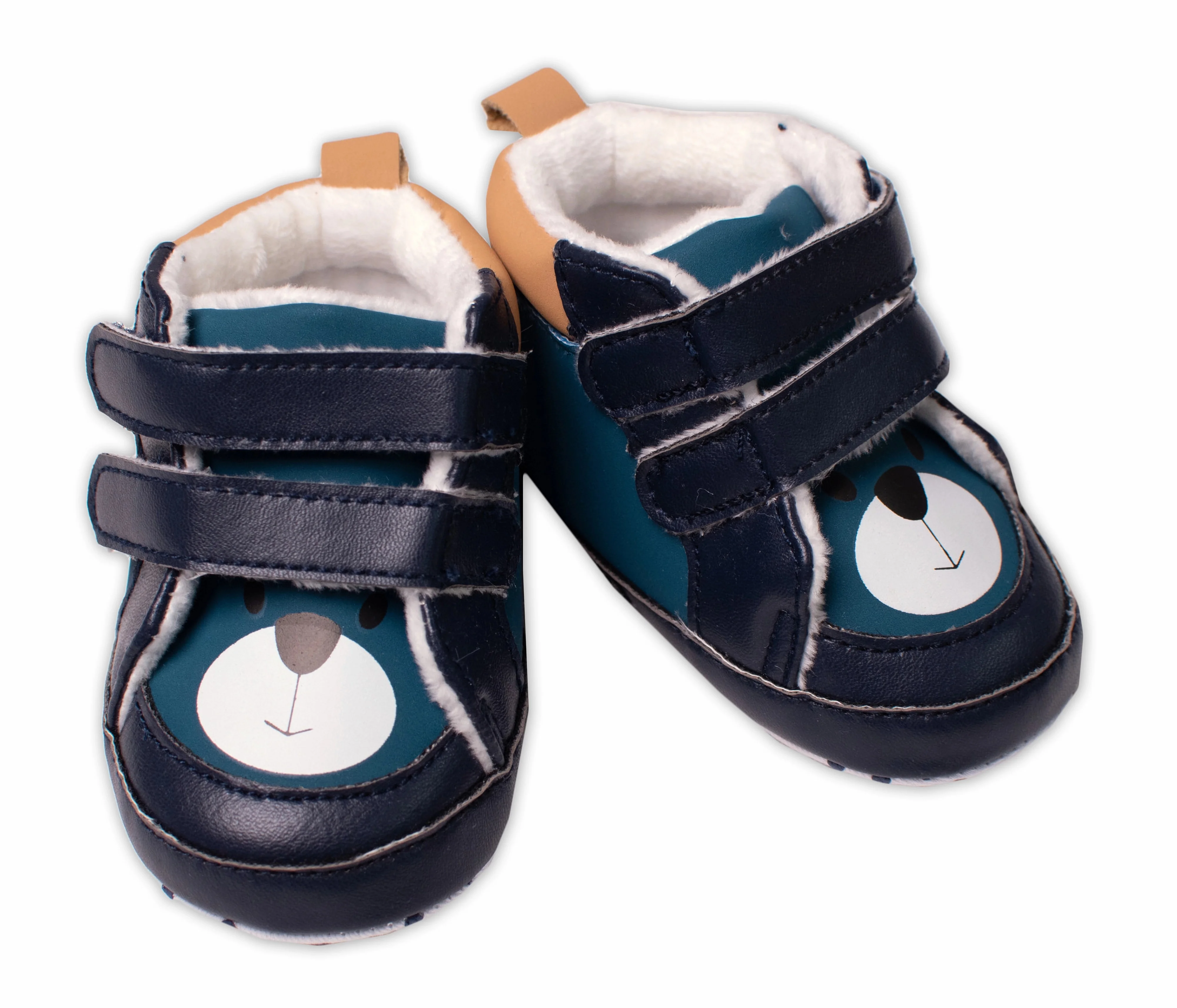 YO! Kojenecké boty/capáčky Medvídek, s fleecem na suchý zip,petrolejová/hořčice